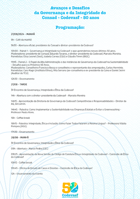 Avanços e Desafios da Governança e da Integridade do Consad - Codevasf 50 anos - Programação.png