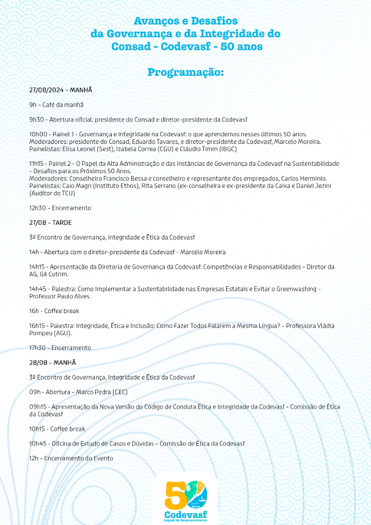 Avanços e Desafios da Governança e da Integridade do Consad - Codevasf 50 anos - Programação.png