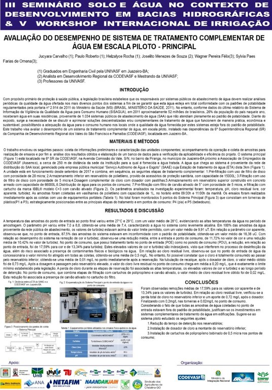 Avaliação do desempenho de sistema de tratamento complementar de água em escala piloto - Principal - - Jucyara Carvalho - Univasf.JPG Avaliação do desempenho de sistema de tratamento complementar de água em escala piloto - Principal - - Jucyara Carvalho - Univasf.JPG