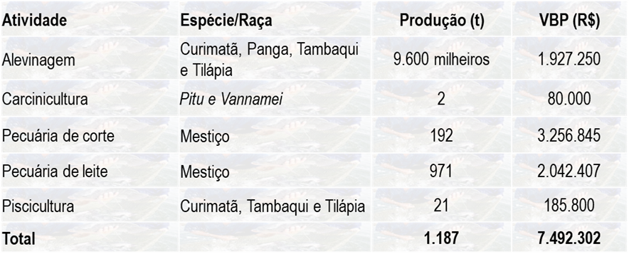 Tabela 1 – Espécie, produção e VBP da aquicultura e da bovinocultura no ano de 2023.png