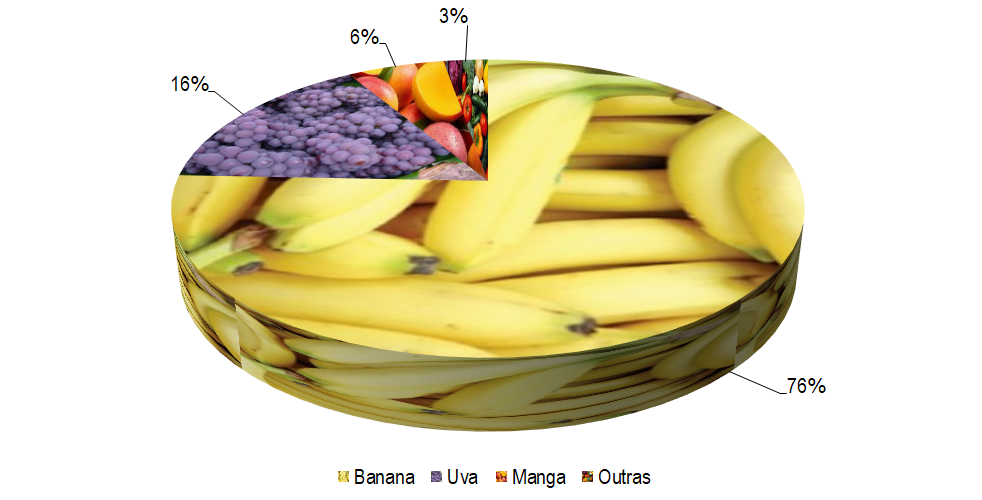 Gráfico 1 - Principais espécies cultivadas no projeto Gorutuba, de acordo com o VBP, no ano de 2022.Há predominância da fruticultura, com destaque para o cultivo da banana que, em 2022, foi responsável por 76% do VBP, seguido pelas culturas da uva (16%) e da manga (6%). As demais culturas, juntas, representaram apenas 3% do valor total.
